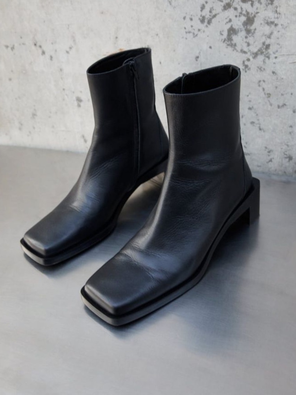 Zara Black Leather Square Toe Boots Booties Size 41 US 10